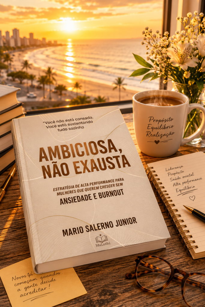 Pré-venda Ambiciosa, Não Exausta | Começa Amanhã Livro Ambiciosa, Não Exausta sobre uma mesa iluminada pelo nascer do sol, simbolizando o início de uma nova jornada para suas primeiras leitoras.