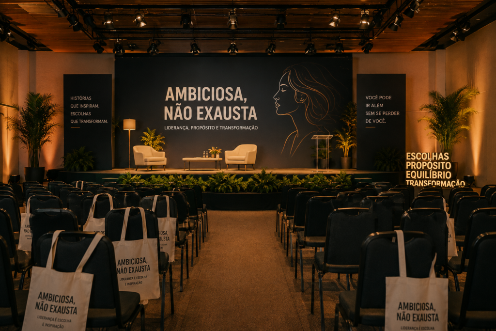Quando um Livro Sai das Páginas para Encontrar Pessoas Auditório preparado para receber participantes da jornada Ambiciosa, Não Exausta, simbolizando o encontro entre histórias, aprendizado e transformação.