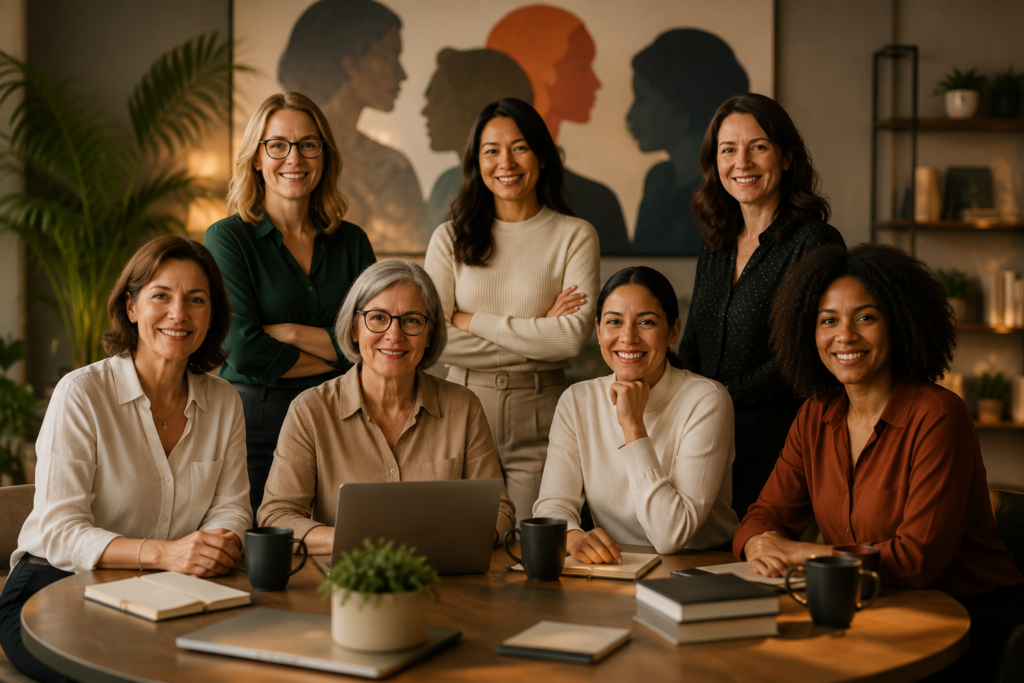 Por Que Ambiciosa, Não Exausta Não Foi Escrito Só Por Mim Participantes do projeto Ambiciosa, Não Exausta reunidas para representar diferentes histórias de liderança, propósito e transformação feminina.