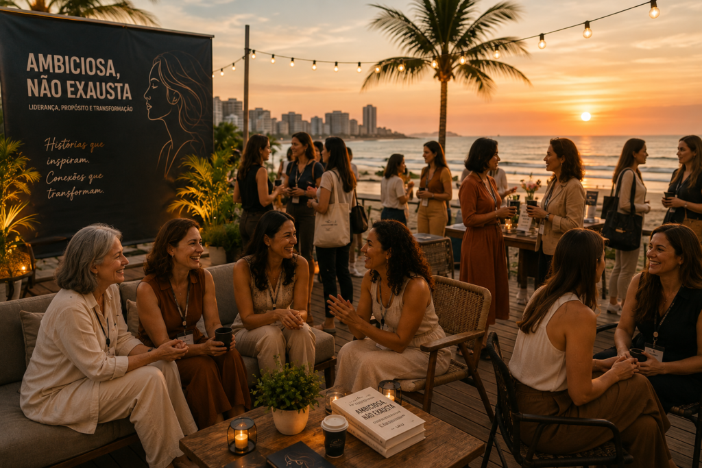 Evento Ambiciosa, Não Exausta | Praia Grande Participantes reunidos em um ambiente descontraído próximo ao mar durante o encerramento da jornada Ambiciosa, Não Exausta, celebrando conexões, aprendizado e novas histórias.